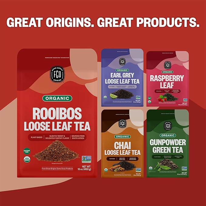FGO Organic Rooibos Tea, 16 Ounce Loose Leaf Bulk Resealable Bag, Caffeine Free, Packaging May Vary (Pack of 1)