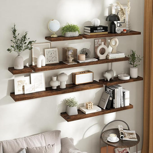 Floating Shelves for Wall with Invisible Brackets, Wall Mounted Engineered Wood Shelves with Wood Grain for Living Room, Bathroom, Kitchen Decor and Storage, Oak, 36"L Set of 2, Rustic Brown