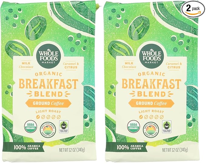 WHOLE FOODS MARKET Organic Ground Breakfast Blend Coffee, 12 OZ (Pack of 2)
