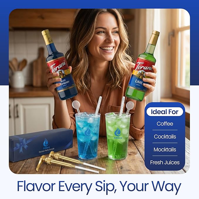 Jimoco Barista Set – Torani Lime & Blue Raspberry Syrups (25.4 oz Each) with 2 Jimoco Syrup Pumps, Reusable Cups, Straws & Stirrers – Coffee, Italian Soda & Cocktail Flavoring Kit