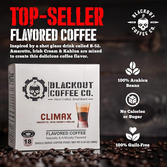 Blackout Coffee CLIMAX Amaretto, Irish Cream & Kahlua Flavored Coffee Pods – Premium Arabica, Smooth Taste, Guilt-Free Indulgence – 18 Count Single Serve Coffee pods