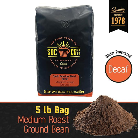 San Diego Coffee DECAF South American Blend, Medium Roast, Ground Coffee, 5-Pound Bag Café descafeinado molido tostado