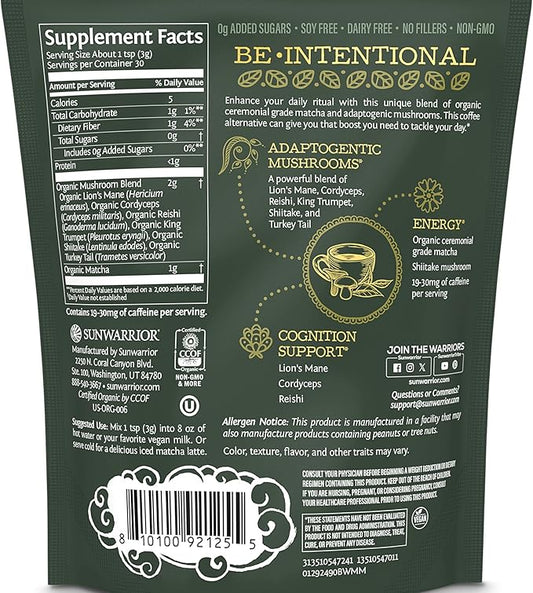 Sunwarrior Organic Matcha Mushroom Powder Supplement | Mushroom Matcha Coffee Alternative Blend of Ceremonial Grade | 90g Pouch 30 Servings Be Well