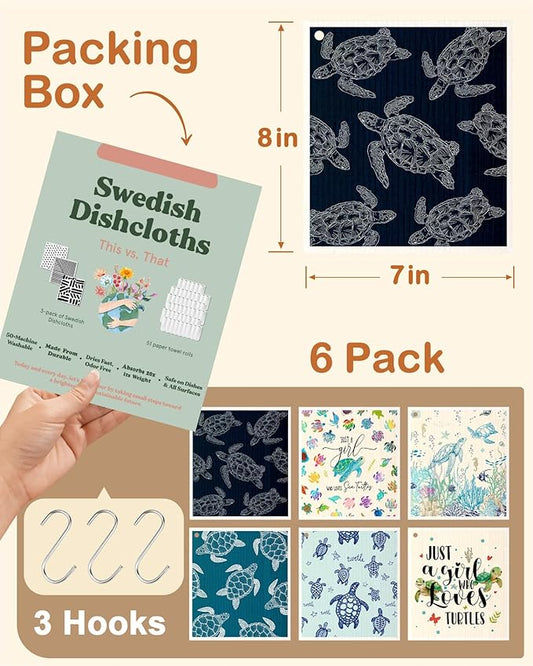 Kitchen Swedish Dishcloths with Hooks - 6 Pack Reusable Dish Cloths for Washing Dishes Fast Drying Cute Fun Swedish Dish Towels Washable Cleaning Sponge, Blue Turtle