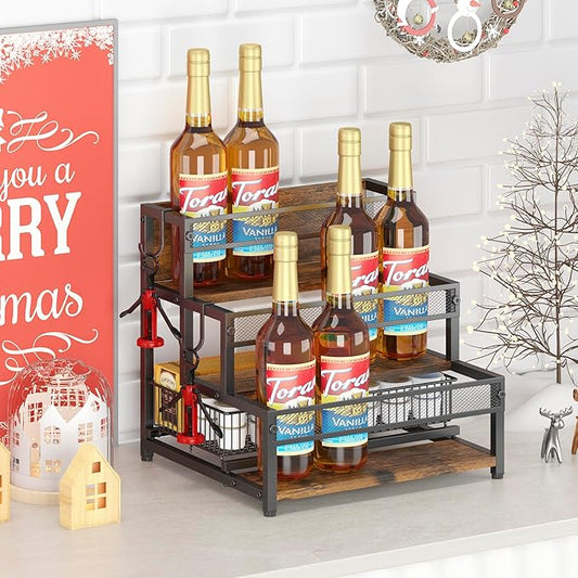3 Tier Coffee Syrup Rack Organizer, 12 Water Bottles Holder Stand Liquor Cabinet Storage, Wine Rack Countertop Storage Rack Coffee Bar Cabinet for Kitchen