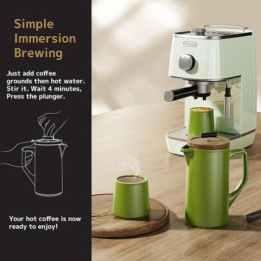 DHPO Ceramic French Press Coffee Maker, 22oz Single Serve Coffee Press with Walnut Wood Lid, Lead-Free, Food Grade Stainless Steel Filter with Dual Screen for Coffee and Loose Tea, Green