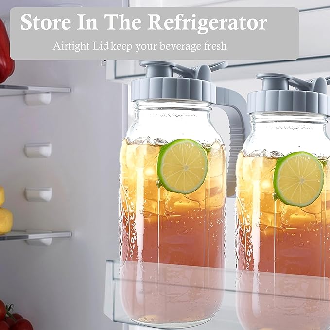 64 Oz Glass Mason Jar Water Pitcher With Lid Half Gallon Wide Mouth Sun Tea Pitchers 2 Quart Cold Brew Hot Water Jug Carafe For Coffee,Lemonade, Beverage,Milk,Juice Container For Refrigerator