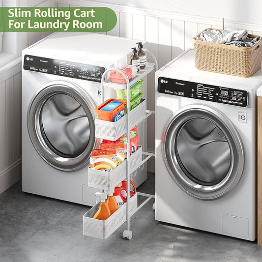 KINGRACK 4-Tier Slim Storage Cart with 3 Pull Out Basket, Rolling Bathroom Organizer Utility, Metal Shelving Unit Slide Out, Lockable Wheels, Easy Assembly for Narrow Place, Kitchen, Office, White