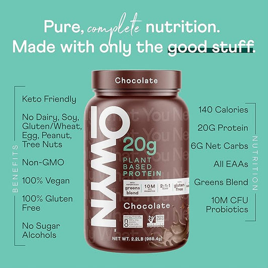 OWYN Only What You Need Chocolate Flavored Protein Powder, 20g Protein, 4g Sugar, 3g Fiber, Dairy Free, Plant Pased Protein Powder, 2LB