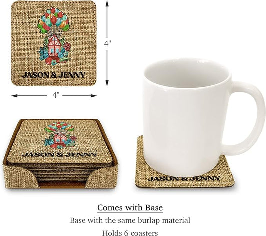 Smile Art Design Couple Names Custom Coaster Set of 6 with Base Square Burlap Material Home Design Personalized Prints Personalized Gifts House Warming Wedding Rustic Decor Style10