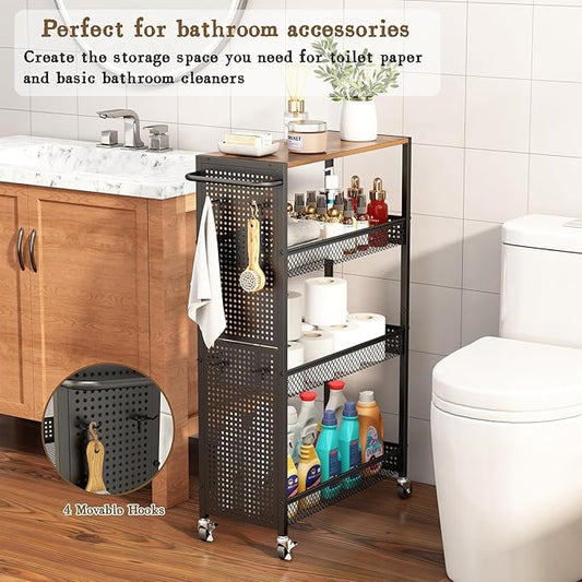 Utility Slim Storage Cart 4 Tier Small Rolling Kitchen Laundry Room Organization Cart with Wood Top Metal Narrow Laundry Room Shelves Cabinet Unit Laundry Organizer Trolley with Handle for Small space