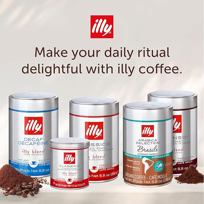 illy Ground Espresso Coffee, Classico Medium Roast, 100% Arabica, Premium Italian Coffee, Pre-Ground for Espresso Machines, 8.8oz, 6 Pack