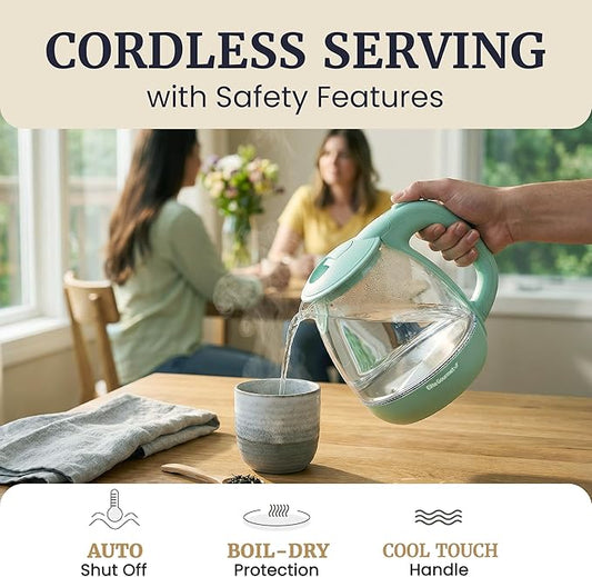 Elite Gourmet 1L Glass Electric Water Kettle, BPA-Free, Fast Boil, Auto Shut-Off, Boil-dry Protection, 360° Swivel Base with Cordless Serving, Clear-view Water Level Markings, Mint