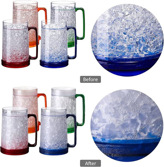 Double Wall Gel Frosty Freezer Ice Mugs Clear 16oz Set of 4 (Blue, Red, Orange and Green)