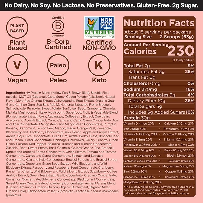 Happy Viking Plant-Based Protein Powder +100 Superfoods Chocolate Meal Replacement Shake, Created by Venus Williams, 30g Plant Protein, 10g Fiber, Vegan, Gluten-Free, Non-GMO, 15 Meals