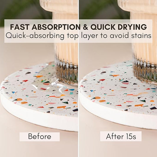 Terrazzo Drink Absorbent Coasters with Holder Set of 6, Ceramic Coaster for Drinks, Coffee Table Decor, Water Absorbing Stone Coaster for Drinks (Confetti)