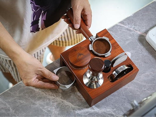 KNODOS Breville Espresso Accessories Kit 54mm Bottomless Portafilter, Auto-Level Tamper, Coffee Distributor, Dosing Funnel with Puck Screen & Wooden Tamping Station