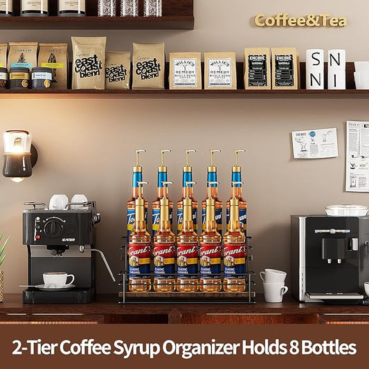 Nuovoware Coffee Syrup Organizer, 2-Tier 10 Bottles Bar Organizer, Separable Metal Rack with Wooden Base Whiskey Wine Dressing for Countertop Kitchen Coffee Bar, Black