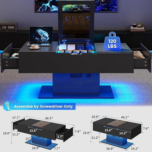 LED Coffee Table, 44" 3-Drawers Modern Coffee Table with Storage and Charging Station, for Living Room, Black