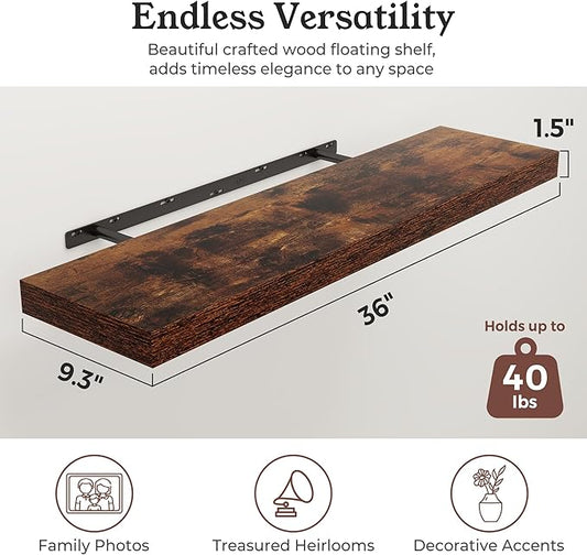 Floating Shelves for Wall, 9.3" Deep Wall Mounted Wood Shelves for Bathroom, Bedroom, Living Room, Kitchen, Hanging Shelf for Books/Storage/Room Decor (Brown, 36")