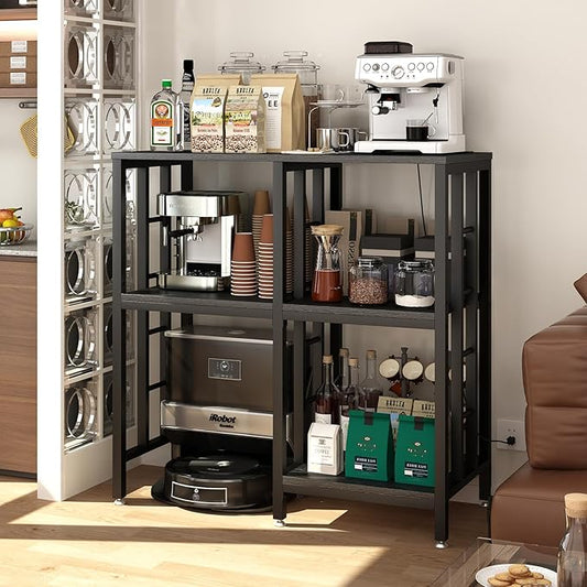 Adjustable Kitchen Bakers Rack with Power Outlet,4-Tier Microwave Stand Kitchen Cart,Mini Fridge Stand with Storage,Bar Cabinet,Suitable for Office,Coffee Bar,Living Room,Patio, Black