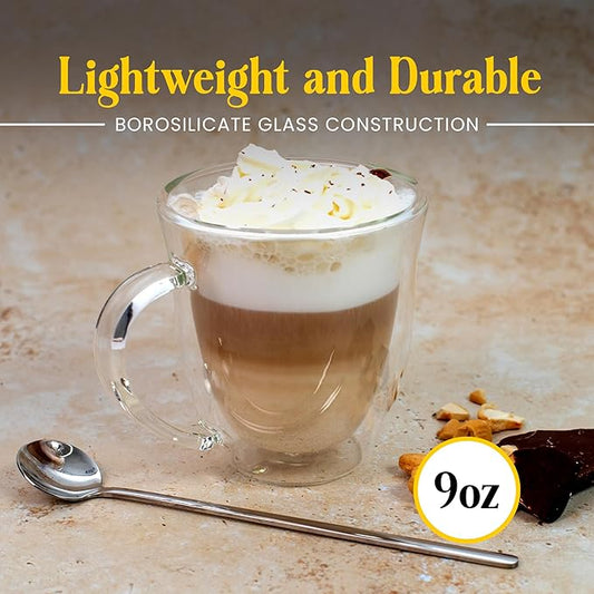 AYL Double Wall Coffee Mugs with Handle (9oz) - Insulated Glass Cups for Tea, Coffee, Cappuccino, Espresso & Latte - Elegant & Clear Beverage Glasses