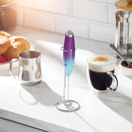 Powerful Handheld Milk Frother, Mini Milk Foamer, Battery Operated (Not included) Stainless Steel Drink Mixer with Frother Stand for Coffee, Lattes, Cappuccino, Frappe, Matcha, Hot Chocolate.