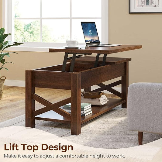 Rolanstar Coffee Table, 47.2" Lift Top with Hidden Compartment, 2 Way Lift Top Coffee Table with Open Shelf & X Wooded Support, Farmhouse Center Table for Living Room, Espresso