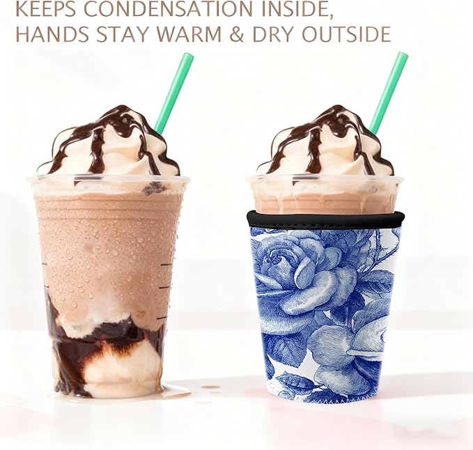 Blue Rose Floral Iced Coffee Sleeve Set chinoiserie blue blue floral coffee sleeve Set of 3 Fits 16oz 24oz 30oz Cups Vintage Botanical Pattern Insulated Coffee Sleeve for Women & Gifts