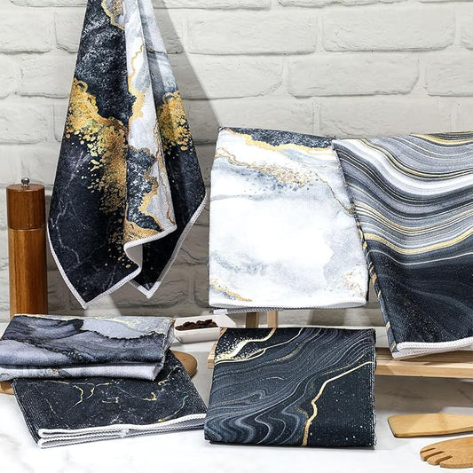 Boyiee Set of 6 Marble Kitchen Towels Gold Black Marble Tea Dish Towels 24 x 16 Inches Modern Absorbent Hand Washcloths Housewarming Gifts for Farmhouse Kitchen Bathroom Decorations