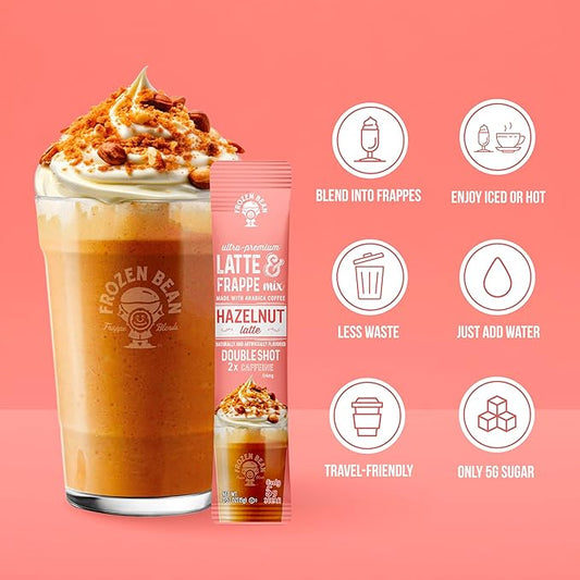 The Frozen Bean Hazelnut Frappe & Latte Instant Mix (10 Sticks), Made with Arabica Coffee, Double Shot Caffeine, Low Sugar & Premium Ingredients, Hot, Iced, or Blended Drinks