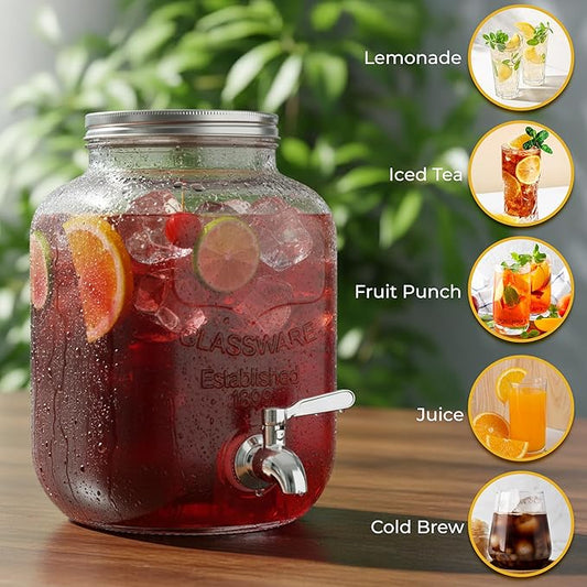 Zulay 1 Gallon Glass Drink Dispenser for Parties – with Spout Lid and Stainless Steel Filter – Leak-Resistant Beverage Dispenser for Events – Lemonade Iced & Sun Tea Infused Water & Juice Dispenser