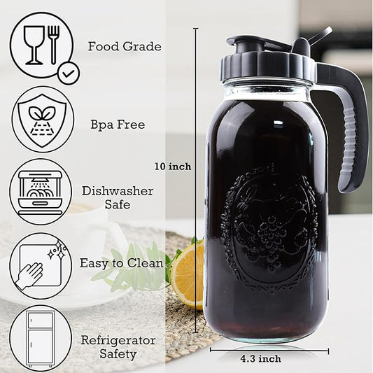 Cold Brew Coffee Maker Half Gallon 2 Set Glass Mason Jar Pitcher With Spout Lid Filter 2 Quart Wide Mouth Iced Tea Brewing Jug Heavy Duty Handle Airtight & Leak-Proof Pitcher For Fridge Sun Tea 64 OZ