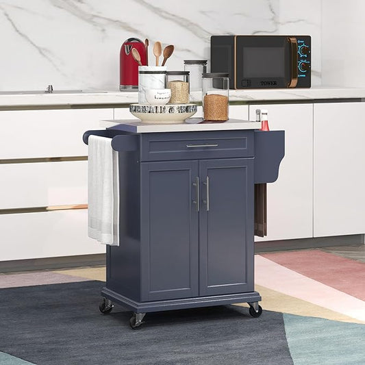 HOMCOM Kitchen Island on Wheels, Rolling Kitchen Cart with Stainless Steel Countertop, Drawer, Towel Rack and Spice Rack, Utility Storage Trolley, Deep Blue