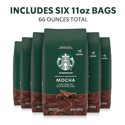 Starbucks Ground Coffee, Flavored Hot or Iced Coffee, Mocha, Six 11 oz Bags