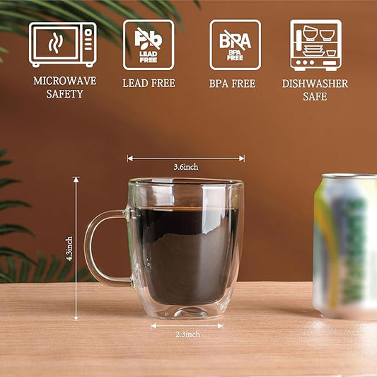 Double Wall Insulated Glass Coffee Mugs set of 4-13 oz Clear Hand Blown Glass Coffee Cups with Handle for Cappuccino, Latte,Espresso,Tea Bags,Americano,Beverages, Gifts for Christmas