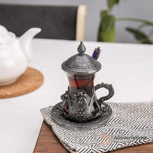 Alisveristime Handmade Turkish Tea Glass Set - Traditional Turkish Motifs, Set of 6 with Lids and Bonus Tea Spoons (Autentic Black)