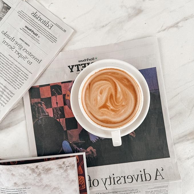 MORA Ceramic Latte Art Mug With Saucer - 10.5 oz, Round Bottom For Perfect Pours - Cafe Cups for Cappuccino, Espresso, Coffee, Tea etc - Porcelain Set for Baristas, Great Gift - Vanilla White