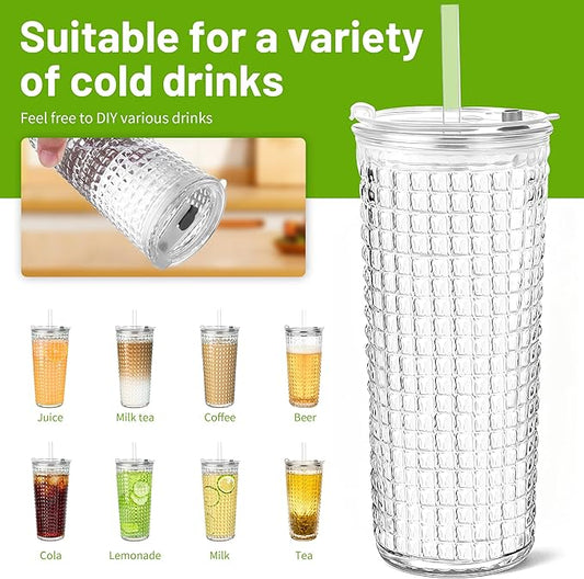 20oz Glass Cups with Lids and Straws,2 Pack Reusable Glass Tumbler for Cold & Hot Drinks Wide Mouth Travel Mug for Smoothies Cocktails Beer Tea Juice and Iced matcha Coffee Cups with Lids