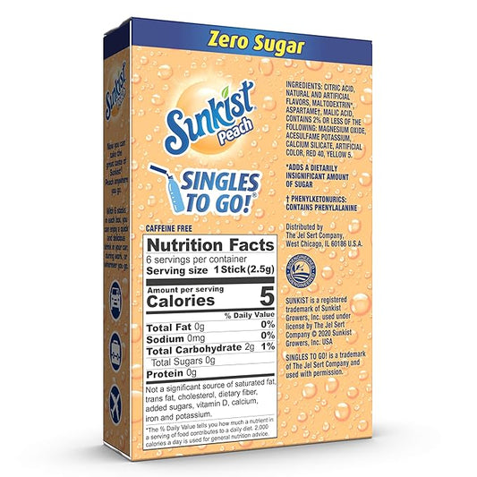 Sunkist Soda SINGLES TO GO! Drink Mix In 12 Boxes with 6 Packets Each (NonCarbonated and Sugar Free), Peach, 72 Count
