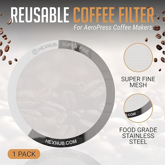 HEXNUB - Reusable Metal Filter for AeroPress Coffee Maker, Stainless Steel Filter Fits AeroPress Original & Go Coffee Press, Fuller Bodied Coffee Than Paper Filters - SILVER MESH