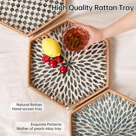 Hexagon Rattan Tray with Mother of Pearl Inlay, Rattan Serving Tray for Coffee, Bread, Fruits, Snacks, Decorative Wicker Tray for Table Decor, Home Decor (Dark Blue Leaves, 14.5"×12.8")