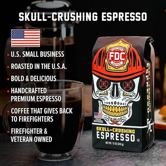 Fire Department Coffee - Gives Back to Firefighters - Skull Crushing Espresso Coffee Beans - Full-Bodied & Bold - Roasted in the USA - Premium Espresso Beans - Veteran Owned (12 oz, Pack of 2)