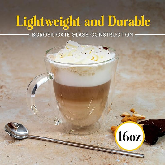 AYL Double Wall Clear Glass Coffee Mugs - 16 oz Insulated Clear Latte Mugs, Perfect for Espresso, Cappuccino, Latte, Tea - Elegant Glass Cups Set of 2