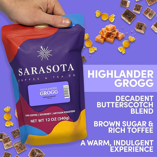 Highlander Grogg Ground Coffee 12oz – Butterscotch Caramel Vanilla Flavored Coffee, Medium Roast Gourmet Arabica, Specialty Grade, Smooth & Sweet