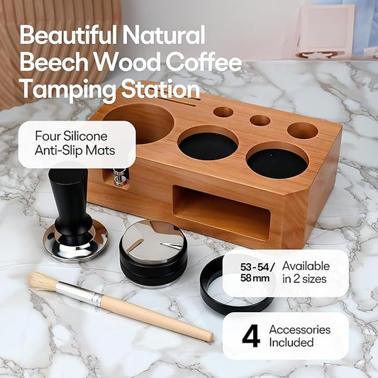 Espresso Tamping Station With Tools - 51, 53, 54 mm - Includes Tamper, Distributor, Dosing Funnel & Brush - Wooden Coffee Tamper Station - Espresso Organizer Portafilter Holder, Gift for Mom Dad Wife