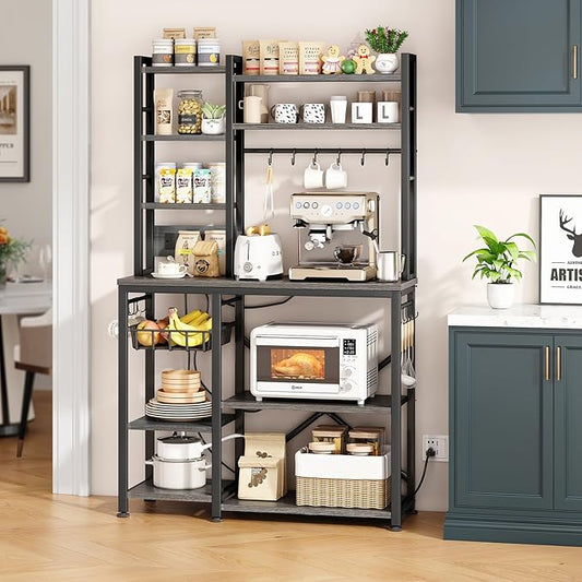 SNTD Baker Rack with Power Outlet - Microwave Stand with Storage, Large Coffee Bar Station with 14 Hooks, Metal Kitchen Shelf Rack for Spices, Pots (Rustic Grey)
