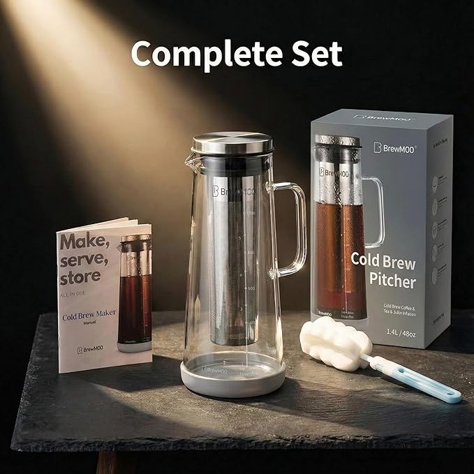 BrewMOO Cold Brew Coffee Maker Pitcher, 1.4L/48Oz Airtight Borosilicate Glass Carafe with 150 Mesh Precision Filter | Barista Grade Iced Coffee Maker, Integrated Glass Handle & Non Slip Base (Grey)