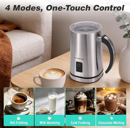 HAUSHOF Milk Frother, 4-in-1 Electric Milk Frother and Steamer, Large Capacity, Hot Chocolate Maker, Automatic Warm and Cold Foam Maker for Coffee, Latte, Macchiato, Cappuccino