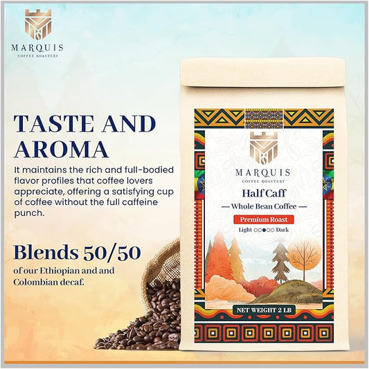 Marquis - Half Caff Coffee, Rich Blend of half Ethiopian Yirgacheffe and Half Decaf French Roast Beans, Fresh Dark Roast with a Fruity Flavor, Premium Half Caff Whole Bean Coffee, 2 lb